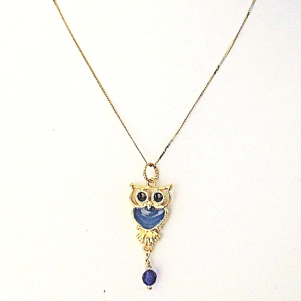 Blue Owl Charm Gold Chain Necklace Handmade